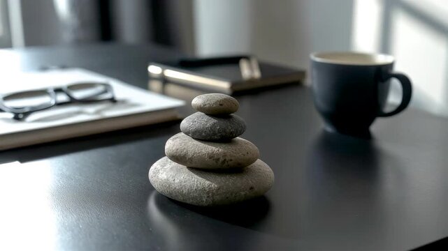 Balanced stone stack on modern desk with soft natural light, coffee cup and workspace elements creating a calm minimalist office atmosphere