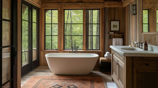 White bathtub in a rustic log cabin bathroom with large window