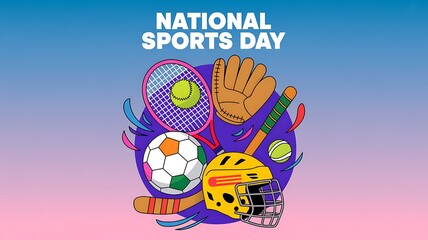 National Sports Day: Collection of various sports equipment and balls on a colorful background