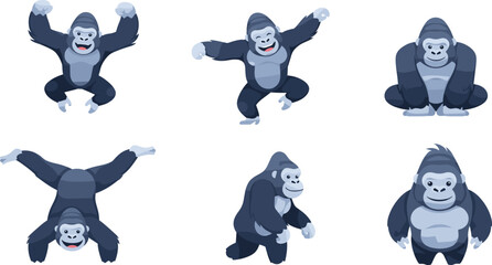 Cartoon Gorilla Character Set with Multiple Dynamic Poses in Flat Vector Style © Argumanara