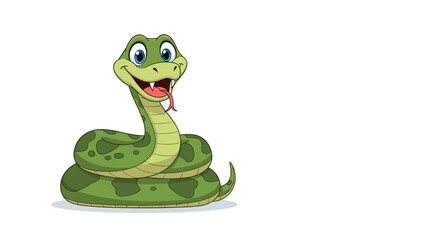 Fototapeta premium Friendly green snake character with a smiling face and big blue eyes sits coiled on the ground, making it an ideal clip art for children's content.