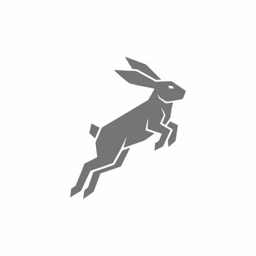 Dynamic geometric rabbit logo design in midair jump.