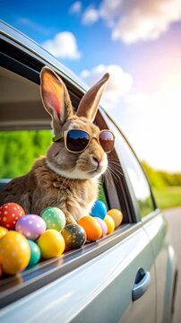 Brown Rabbit with Sunglasses in Car Surrounded by Easter Eggs, Against a Blue Sky