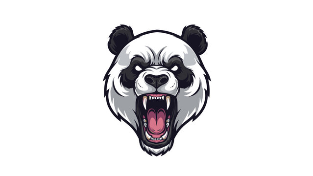 Fierce panda head mascot with an aggressive expression showing sharp teeth and glowing white eyes on a plain background.
