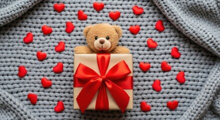 Cute teddy bear with gift box on knitted blanket with hearts