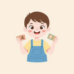 Learning Journey: A charming young boy enthusiastically displays a pair of wooden blocks, each bearing an alphabetic letter and numeral, against a softly colored backdrop.