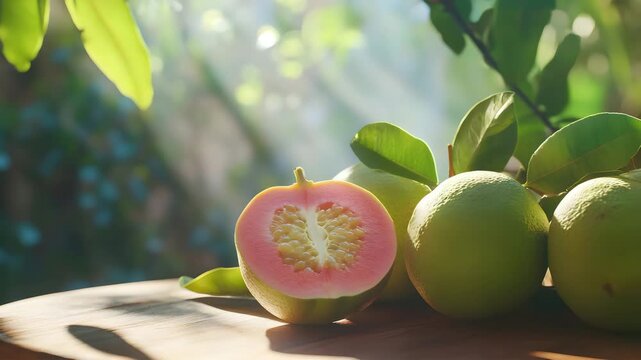 Fresh Pink Guava Cut in Half on Wooden Table with Sunlight Tropical Organic Fruit Close Up