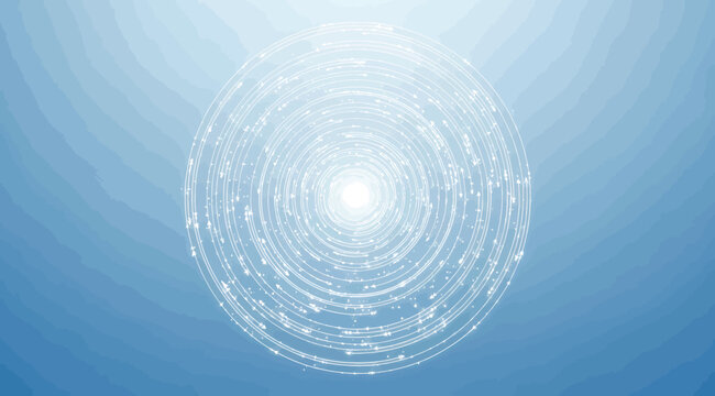 Concentric circular digital design with geometric symbols and circuit-like elements on light blue gradient background, symbolizing data visualization, digital communication, and futuristic technology 