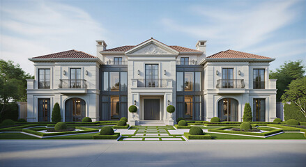 Fototapeta premium Magnificent luxurious home showcasing neoclassical design and manicured front garden