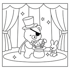 Naklejka premium Cute Bear Magician Performing Magic Trick on Stage – Kawaii Line Art Coloring Page Illustration