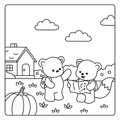 Fototapeta premium Cute Bears Reading Map Near Pumpkin House – Kawaii Line Art Coloring Page Illustration