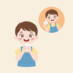 A boy's bittersweet moment: a heartwarming illustration capturing a young boy in two moments, first one is in happiness of holding a treat, then later in a moment of longing after treat is gone.