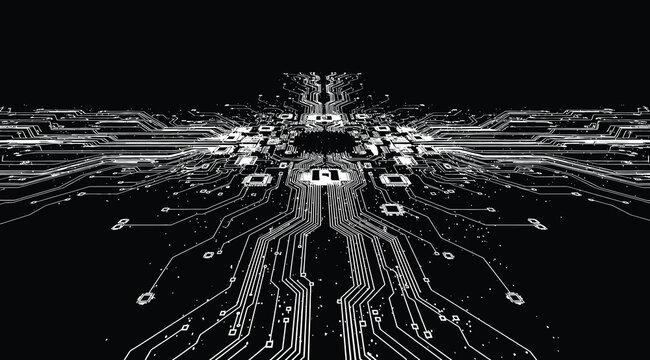 Symmetrical black-and-white circuit board illustration with central processor and radiating electronic pathways, symbolizing digital infrastructure, computing systems, and the complexity of modern ele