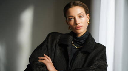 Fototapeta premium A fashion model poses confidently in a chic outfit, elegantly highlighted by a studio spotlight, creating an eye-catching contrast against a minimalistic backdrop that exudes sophistication and