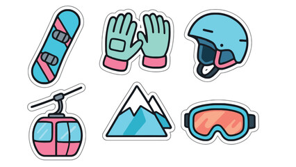 Fototapeta premium A colorful illustration of various skiing and snowboarding accessories and symbols