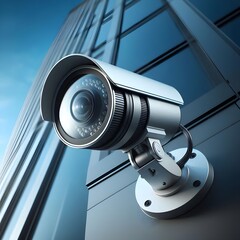 Metallic Surveillance Camera on Commercial Building Exterior