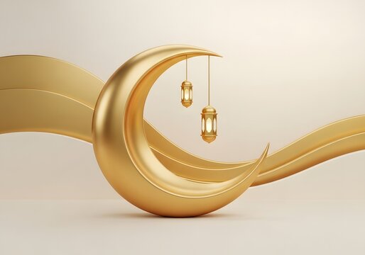 Golden crescent moon and lanterns adorned with flowing abstract ribbons in a studio setting