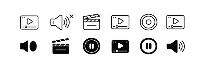Multimedia video player icon collection with play button volume control clapper board pause sign and sound mute symbols for web ui