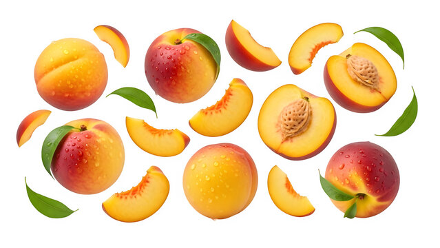 Fresh juicy peaches with slices and green leaves floating, isolated on white or transparent background, perfect for healthy food, summer fruit, nutrition, and freshness concepts. PNG