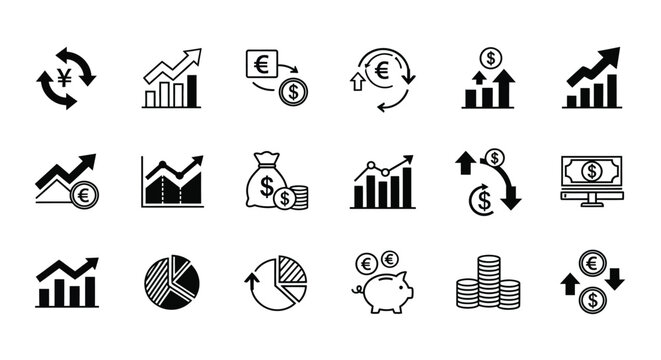 A collection of black and white icons representing finance economics growth and currency exchange rates