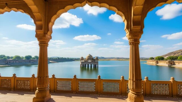 Scenic view of a lake with a palace in the distance surrounded by arches