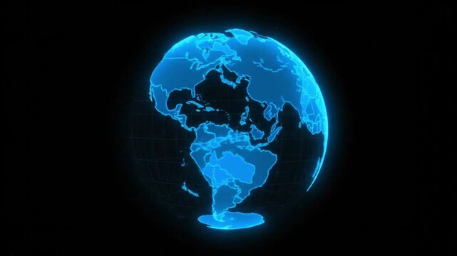 Digital Earth Globe Spinning with Blue Glowing Continents and Wireframe Grid