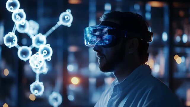 Scientist Using Virtual Reality Headset for Molecular Research Futuristic Biotechnology and Innovation Concept