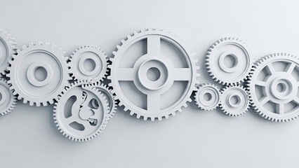 Interlocking White Gears Mechanism on Light Gray Background Symbolizing Teamwork and Engineering
