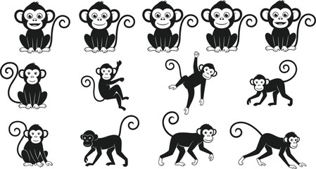 Cartoon monkey pose collection, playful animal icons, jungle character set, flat vector illustration, wildlife behavior graphic design © MSTRAMANA