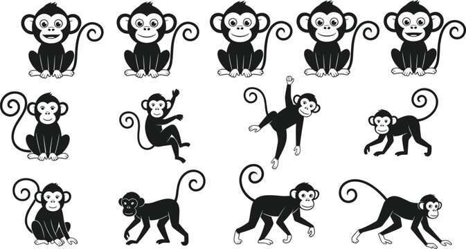 Cartoon monkey pose collection, playful animal icons, jungle character set, flat vector illustration, wildlife behavior graphic design