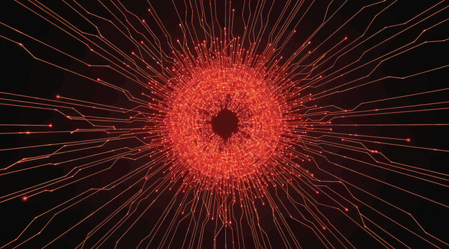 Radial digital illustration with red lines and dots emanating from dark central core, symbolizing neural activity, data networks, and abstract connectivity in futuristic technology and conceptual visu