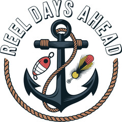 Anchor and fishing lures with text Reel Days Ahead vector
