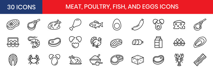 Meat Poultry Fish And Eggs Thin Line Icon Set © IconNest