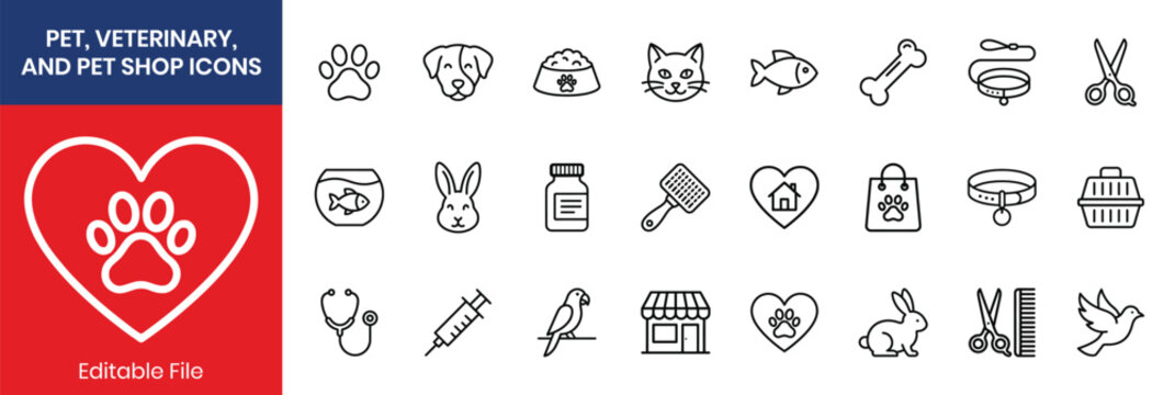 Pet Veterinary And Pet Shop Thin Line Icon Set