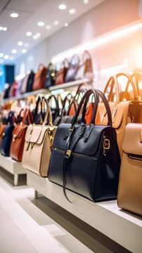 Display of Stylish Leather Handbags in a Boutique, showcasing various colors and designs on a well-lit shelf.