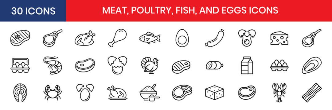 Meat Poultry Fish And Eggs Thin Line Icon Set