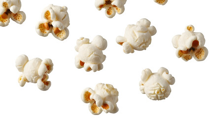 Close up of fluffy and light popcorn kernels, isolated on white or transparent background, ideal for snack food, movie night, cinema, and crunchy texture concepts. PNG