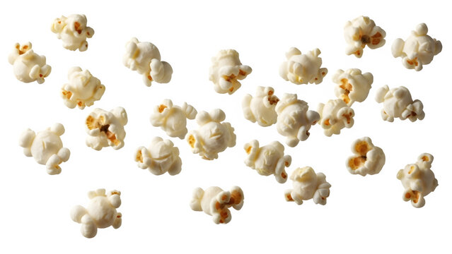 Close up of fluffy and light popcorn kernels, isolated on white or transparent background, ideal for snack food, movie night, cinema, and crunchy texture concepts. PNG