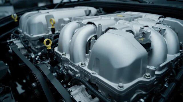 Close-up view of a V12 engine's intricate mechanical components