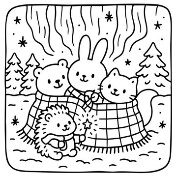 A cozy scene featuring a bear, bunny, cat, and hedgehog wrapped in blankets, surrounded by trees under a starry sky.