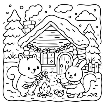 Two woodland animals decorate a cozy cabin by a campfire under a starry sky, creating a whimsical, festive scene.