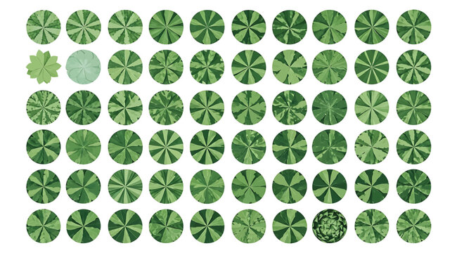 Grid of 64 green circular patterns with radial leaf-like designs and two visual anomalies, symbolizing abstract botanical structures, pattern recognition, and conceptual puzzles in digital or educatio