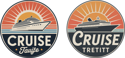 Cruise ship badges with sun and text boat ocean vector