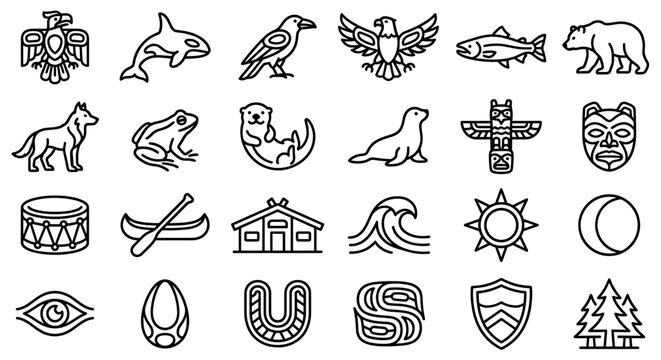 A collection of black line art icons depicting Pacific Northwest Coast Indigenous symbols, including animals, cultural objects, and nature elements.