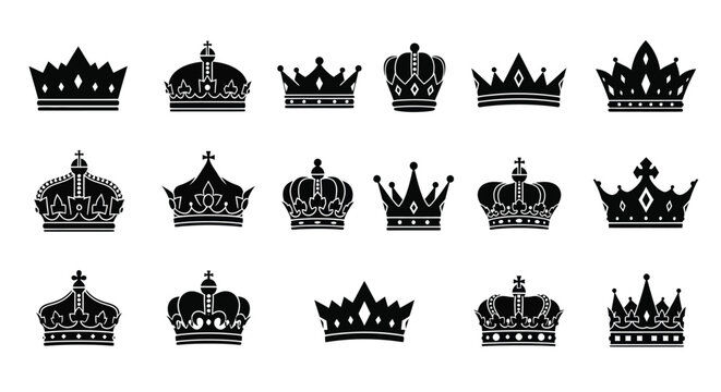 Collection of diverse black crown silhouettes on a white background