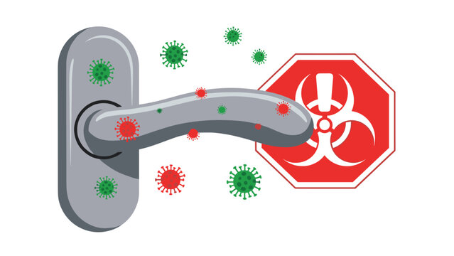 Illustration of a door handle covered in viruses, with a biohazard symbol, warning of germ contamination and potential infection spread.