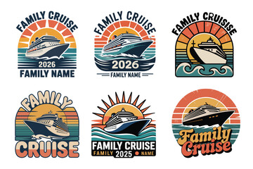 Family Cruise Ship Retro Sunset Badge Collection vector