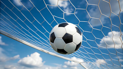 Naklejka premium A soccer ball mid-air approaching the goal net