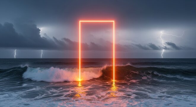 Dramatic ocean waves crash against glowing neon portal during intense storm
