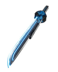 Futuristic sci-fi katana sword isolated. Blue glowing cyber weapon.